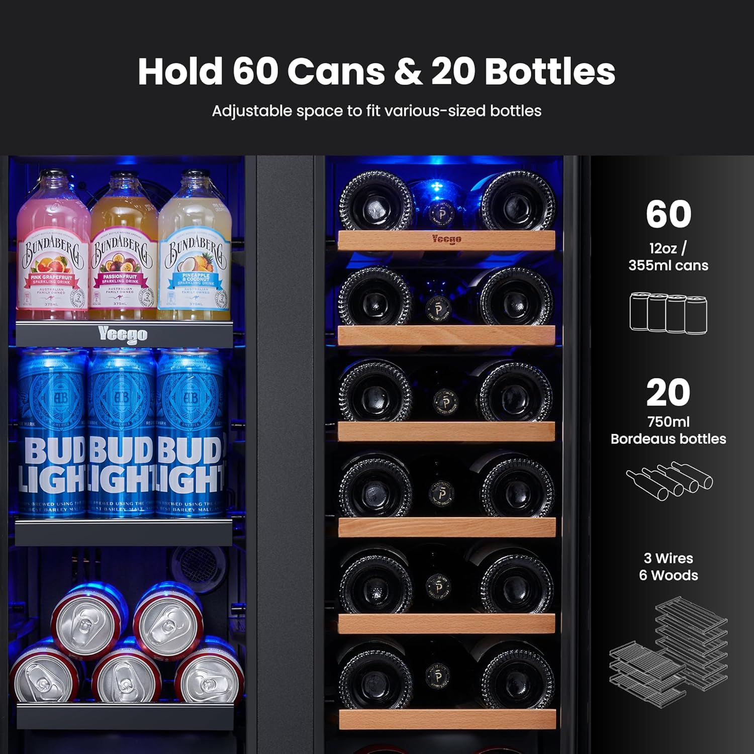 Yeego Wine and Beverage Refrigerator - 24 Inch Dual Zone Wine Fridge 60 Can & 20 Bottle