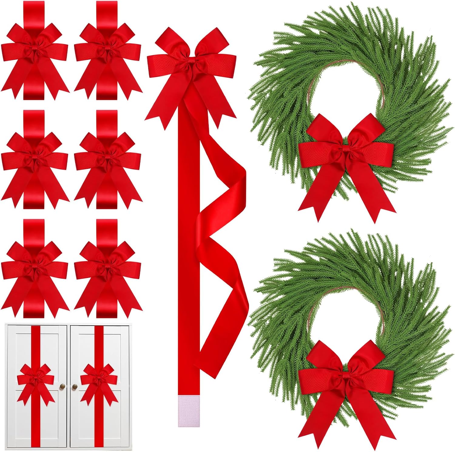 Crowye 12 Pcs Christmas Door Cabinet Bows and Kitchen Cabinet Wreaths Set Red Christmas Kitchen Ribbons Bows Xmas Mini Norfolk Wreath Hanging Decorations for Xmas Door Farmhouse Window Fireplace