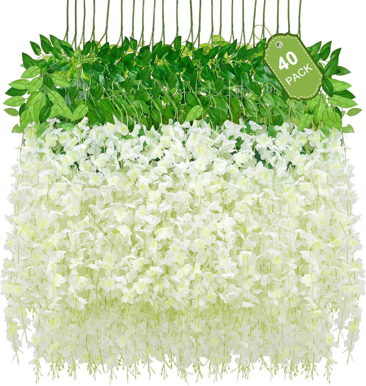 Paquete de 40 flores colgantes de glicina blanca, flores falsas para decoración, flores colgantes artificiales, enredaderas para dormitorio, guirnalda de flores para el hogar, fiesta, pared