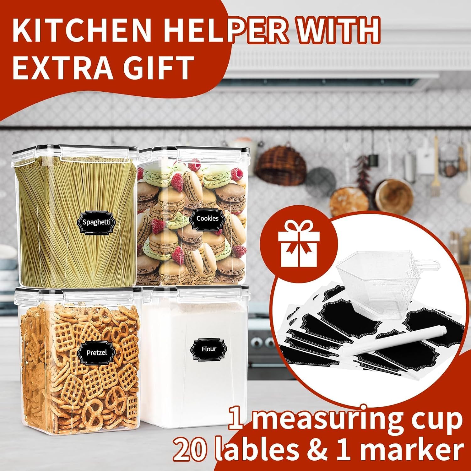 HKJ Chef Pack de 4 Contenedores Herméticos Extra Grandes para Alimentos | 6.5L | Sin BPA | Organizador de Despensa para Cereales, Harina y Azúcar | Incluye Etiquetas y Marcador