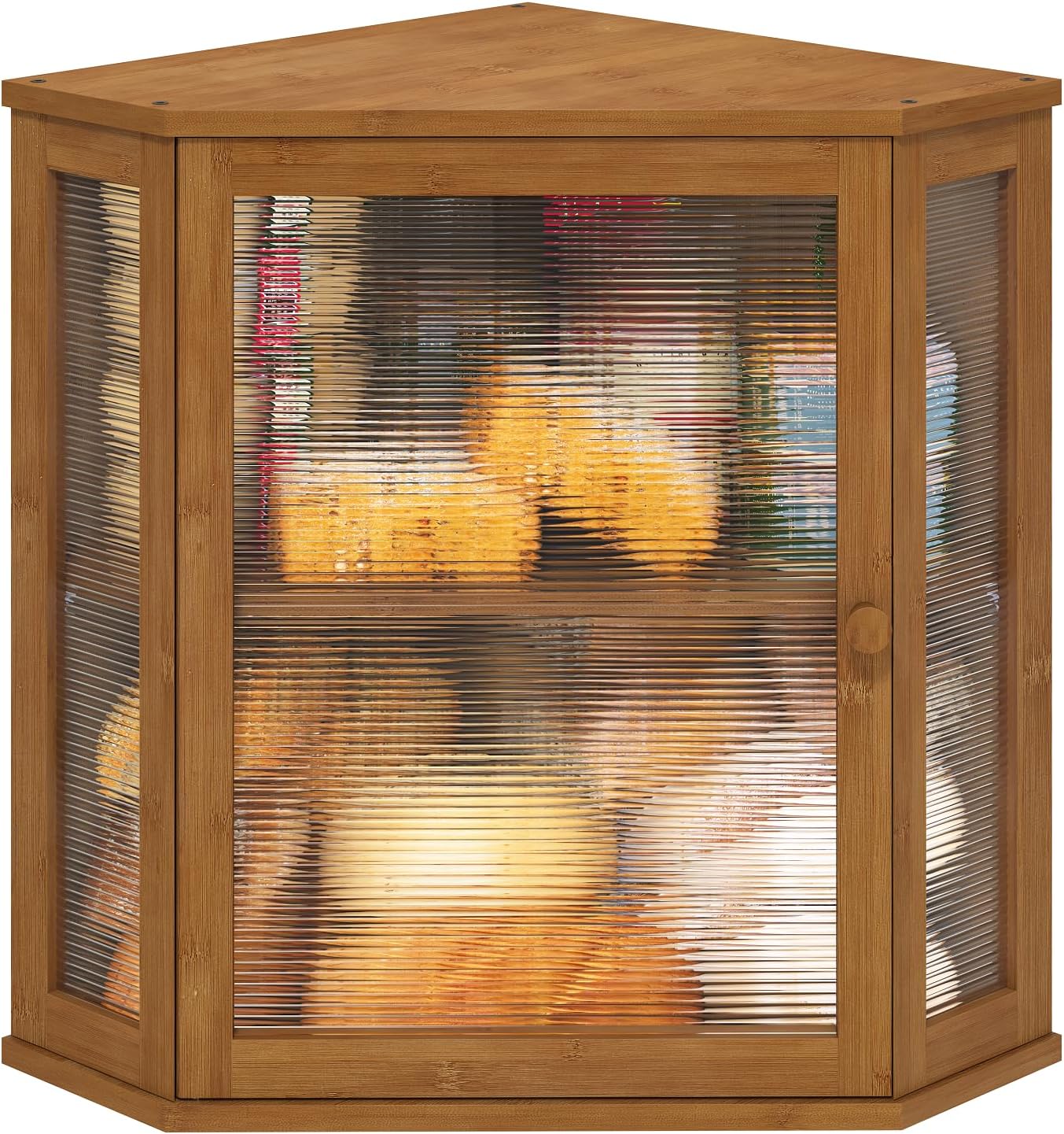 viewcare Corner Bread Box for Kitchen Counter, Bamboo Wood Large Capacity Bread Storage Bin with Acrylic Wavy Door Panel (Brown, Extra Large)