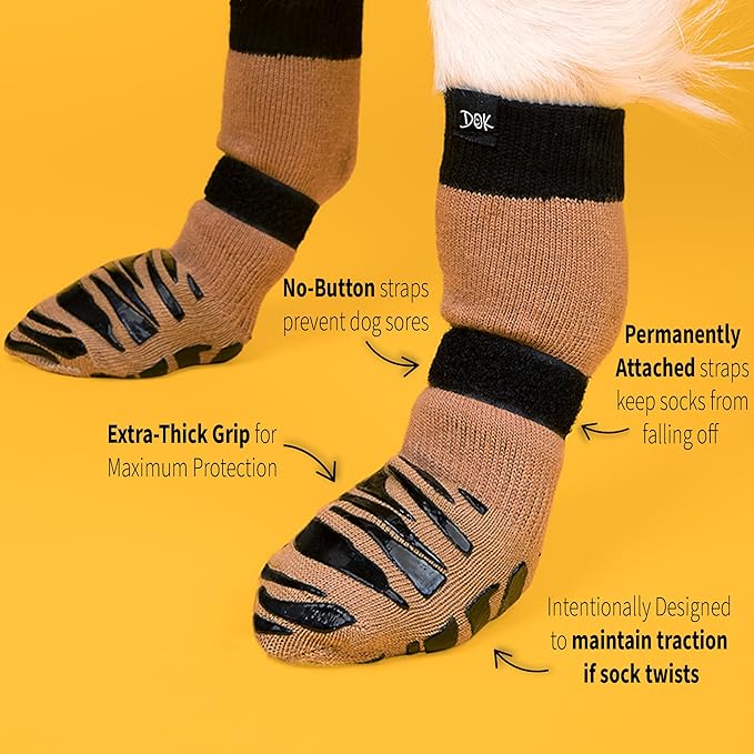 DOK TigerToes Calcetines antideslizantes de alta calidad para suelos de madera dura, agarre extra grueso que funciona incluso cuando se tuerce, evita lamer, resbalones e ideales para la protección de las patas del perro (caramelo fresco, mediano)