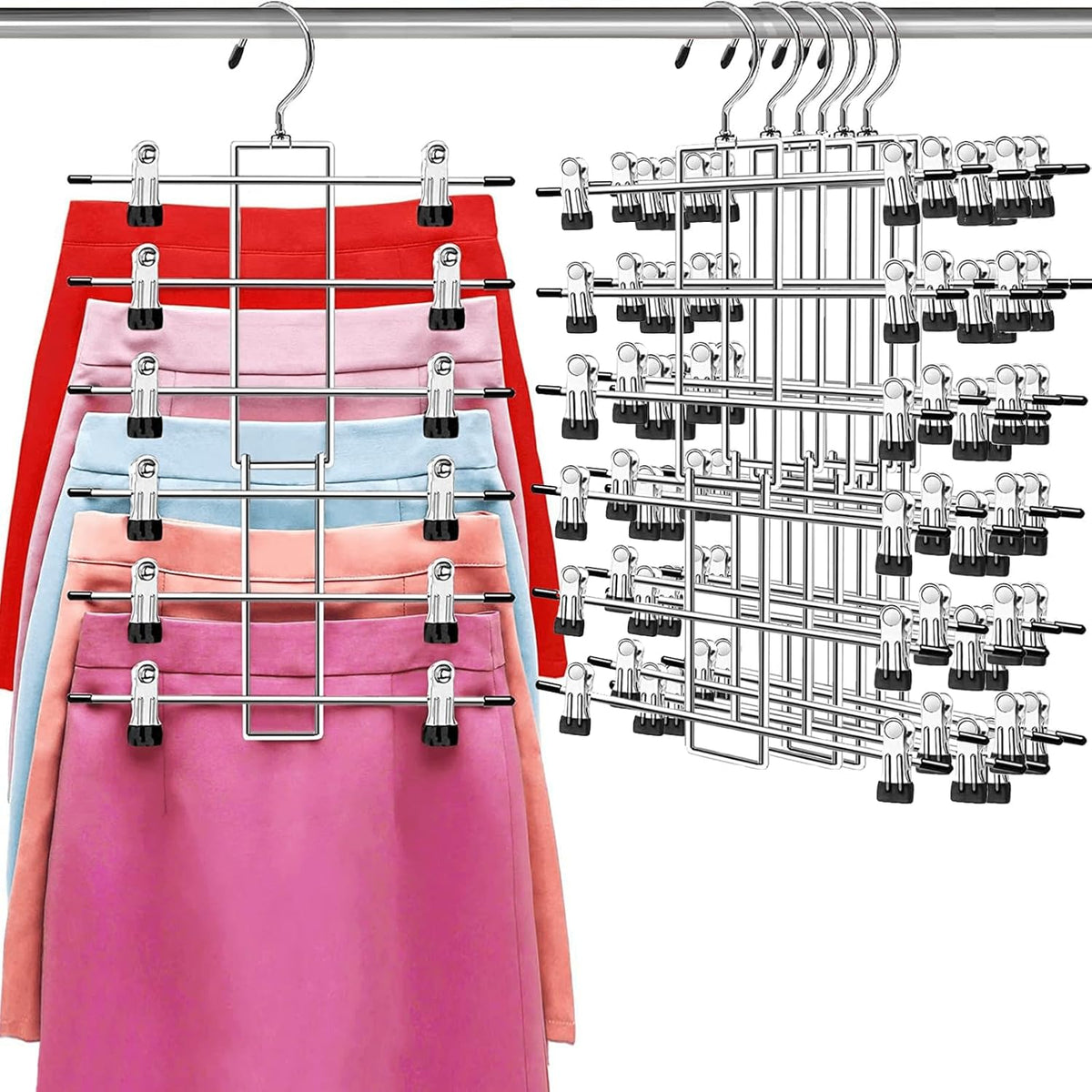 Perchas para Pantalones con Ganchos | Organizador de Closet Ahorra Espacio | 6 Niveles con Gancho Giratorio 360 grados | Perchas para Faldas y Ropa | Esenciales de Dormitorio | Pack de 6