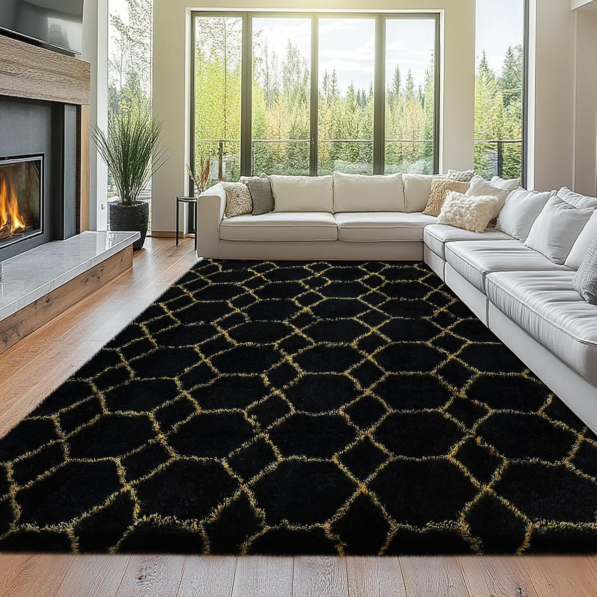Alfombra Shag para Sala 8x10 | Geométrica y Esponjosa | Negro y Dorado | Suave y Peluda para Recámara y Cuarto de Niños