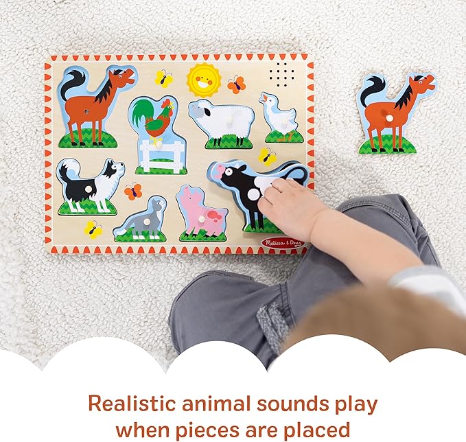 MELISSA & DOUG - Puzzle 2 Años Animales de la Granja con Sonidos, Puzzle de Madera de Fácil Agarre, Rompecabezas Niños, 6074879, Juguetes Montessori
