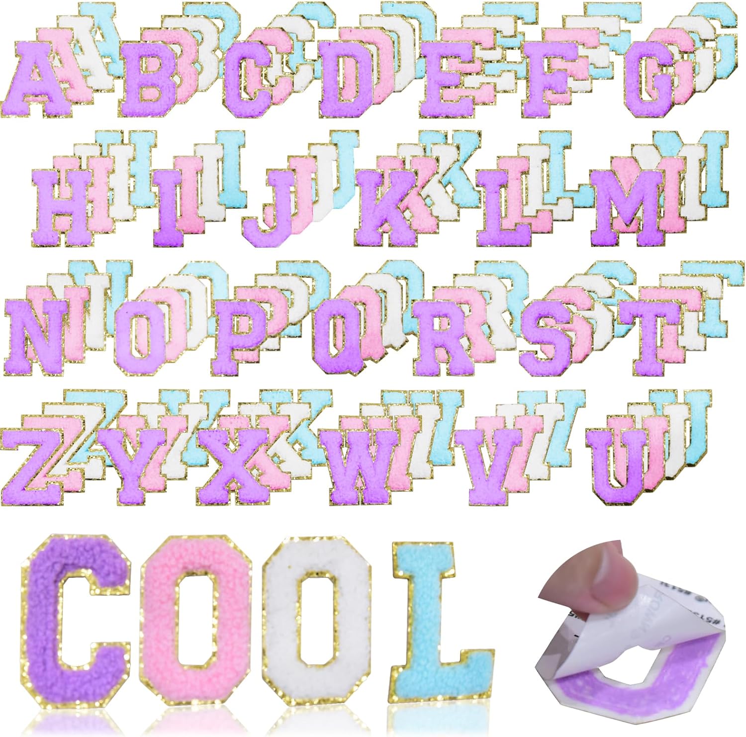 104 parches de chenilla con letras termoadhesivos para planchar, bordados para ropa, sombreros y reparaciones (blanco, rosa, morado y azul, 5,6 cm) 