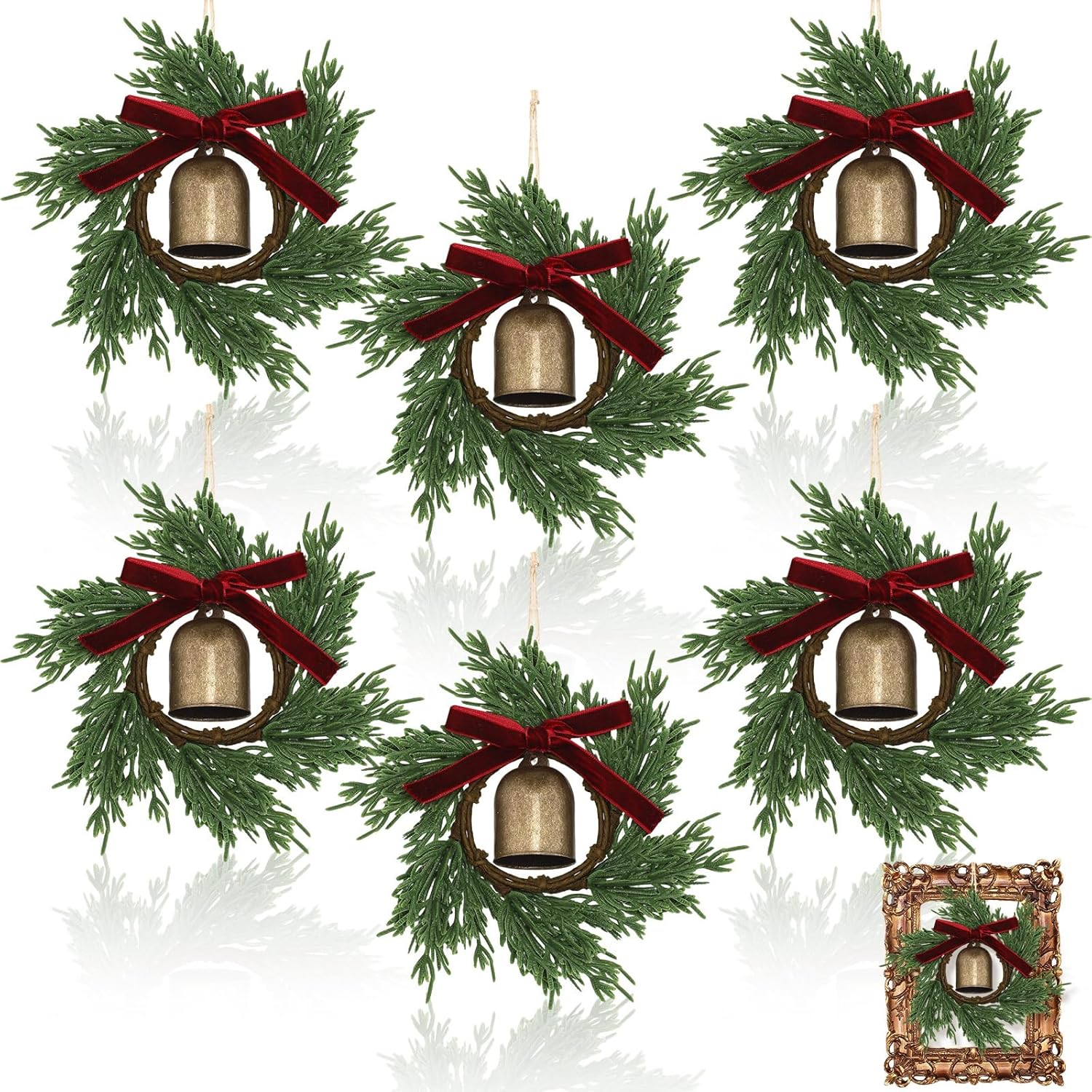 VioraWhite 6 Pcs Mini Christmas Hanging Cedar Wreaths Small Xmas Cedar Wreath with Bell and Ribbon Bow for Christmas Tree Wreath Mantle Window Fireplace Kitchen Craft Decoration(Red)