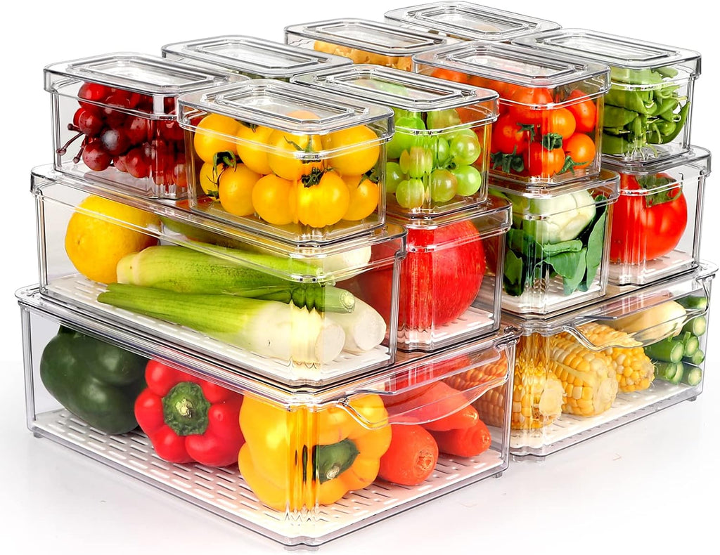 Organizadores de Refrigerador ZIJUND Pack de 14 Transparentes | Apilables, Libres de BPA, para Frutas, Vegetales y Bebidas