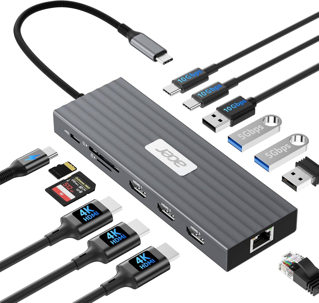 Estación de Acoplamiento Acer para 3 Monitores, Concentrador USB-C 13 en 1 con HDMI 4K@60Hz, Ethernet 1 Gbps, Datos 10Gbps, 100W PD, Compatible Acer, XPS, Spectre, Surface, Mac
