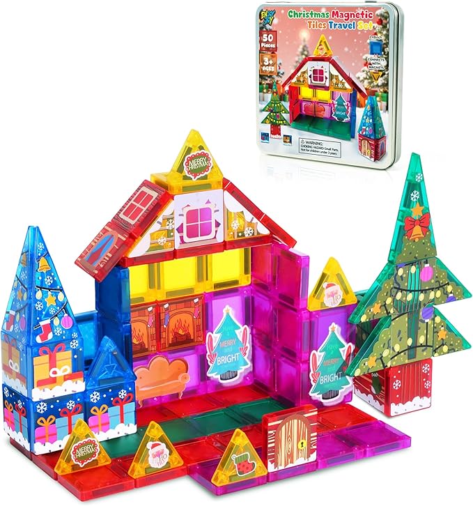 Enjoyjoy Mini azulejos magnéticos – 50 piezas de azulejos magnéticos de viaje 2025 juego de azulejos magnéticos portátiles sobre la marcha para niños de 4 a 8 años, bloques de construcción magnéticos