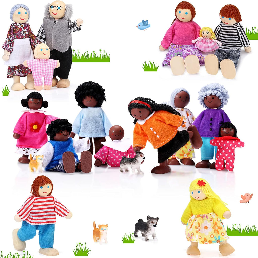 Set de Familia de Casa de Munecas Skylety – 20 Piezas de Madera, 16 Figuras y 4 Mascotas, Miembros con Extremidades Moviles, Estilo Lindo