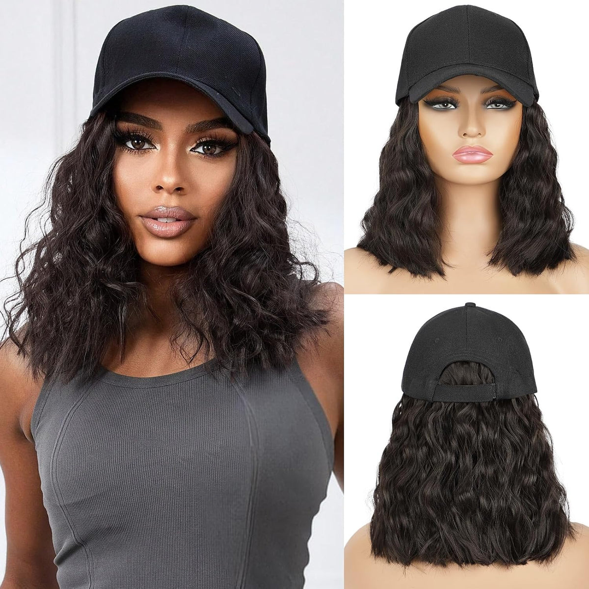Gorra Peluca HANYUDIE para Mujer con Extensiones de Cabello Rizado | Gorra de Béisbol Ajustable con Onda de Cabello