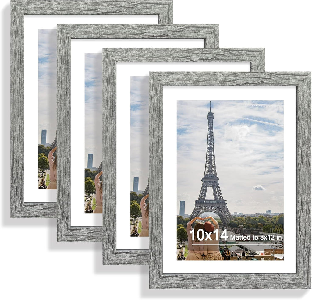 Hongkee 10x14 Picture Frame Set of 4, Made of Glass and Grey Wooden Frame, Display 8x12 Pictures with Mat or 30 x 40cm Diamond Painting Art without Mat for Wall Mounting, Gallery Photo Frames