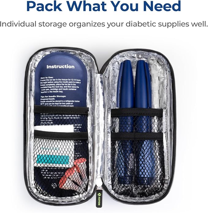 Estuche de viaje para enfriador de insulina AUVON con 2 paquetes de hielo TSA aprobados de 90g, bolsa de enfriamiento aislada para medicamentos diabéticos para guardar inyectores de insulina