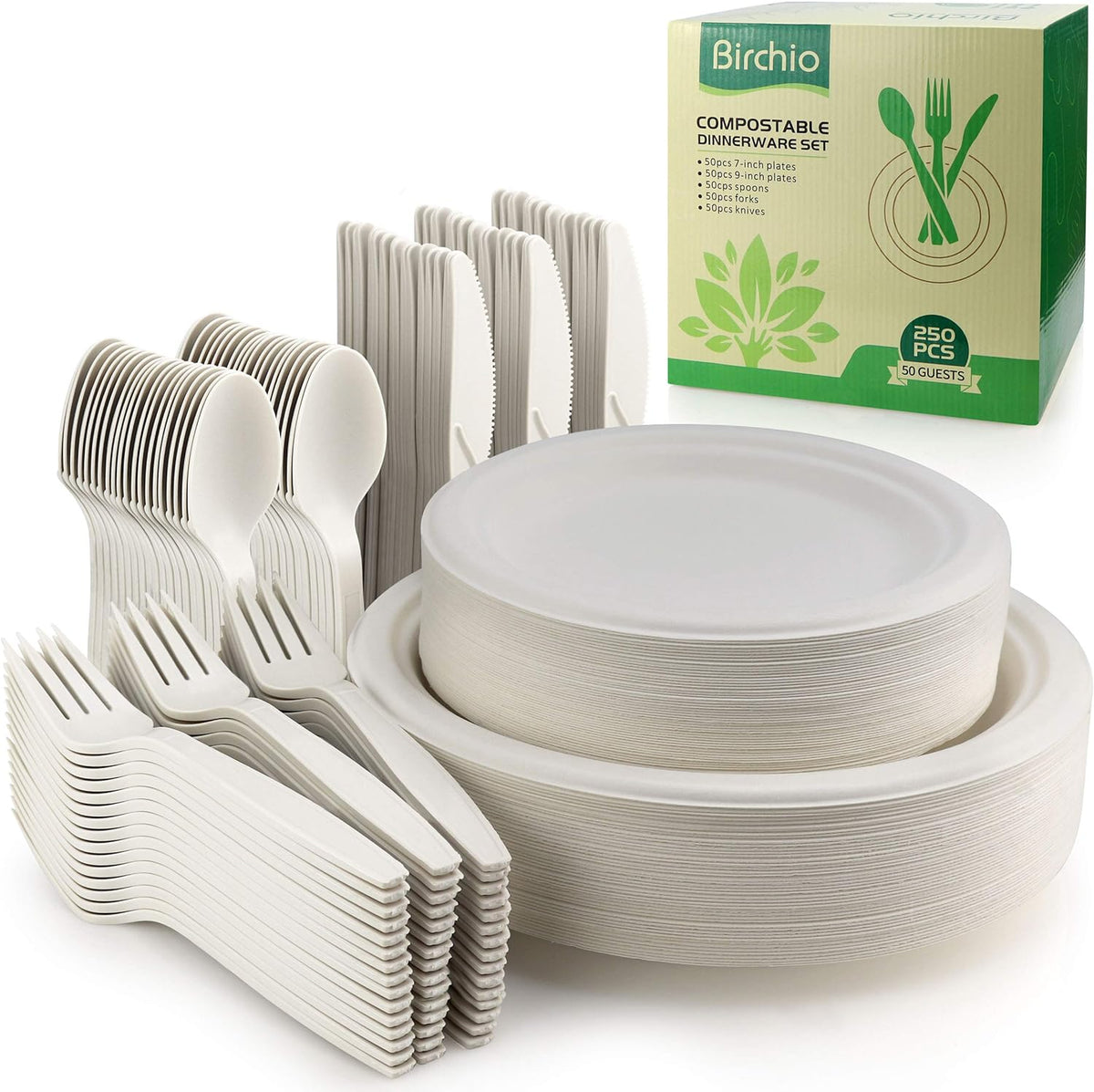 Juego de Vajilla Desechable Biodegradable 250 Piezas – Platos, Tenedores, Cuchillos y Cucharas Compostables para Fiesta
