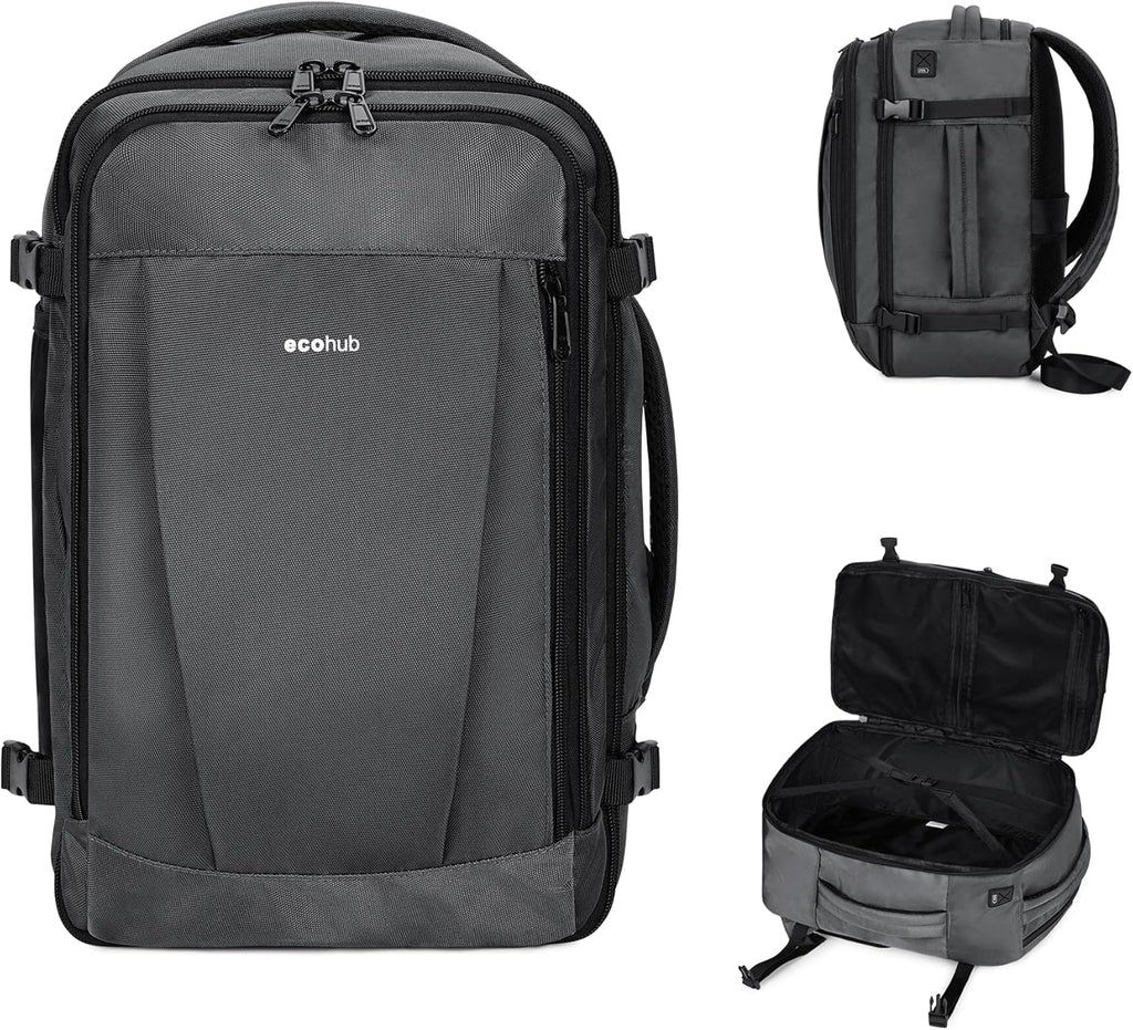 ECOHUB Travel Backpack 18x14x8 Spirit Airlines Personal Item Bag Carry On Backpack 13 Pockets Large Work Casual Daypack for men Airline Approved Waterproof Gym Backpack with Charging Port, Light Grey