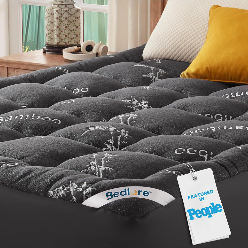 Cubrecolchón BEDLORE Queen de bambú, acolchado y gris oscuro