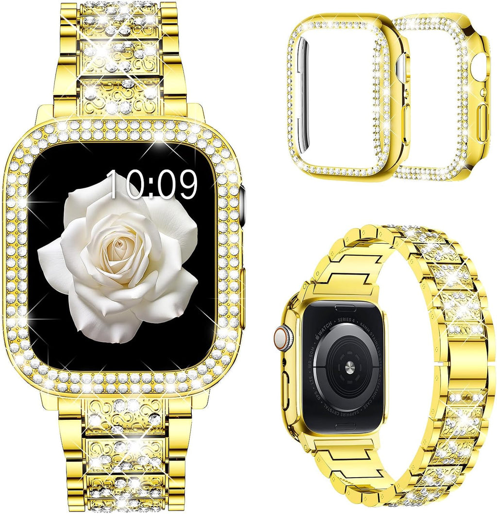 Correa Mosonio compatible con Apple Watch Ultra de 49 mm con estuche para mujer, correa de repuesto de metal con 2 fundas protectoras de PC brillantes para iWatch Ultra de 49 mm (dorado)