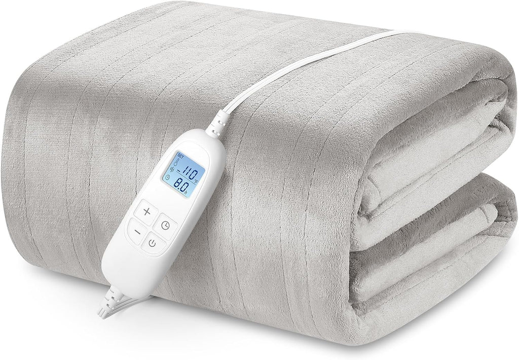 Manta eléctrica calefactable PROALLER tamaño Queen con 6 niveles y apagado automático de 8 horas, manta de franela ultrasuave para todo el cuerpo, lavable a máquina, gris cálido, 84" x 90".