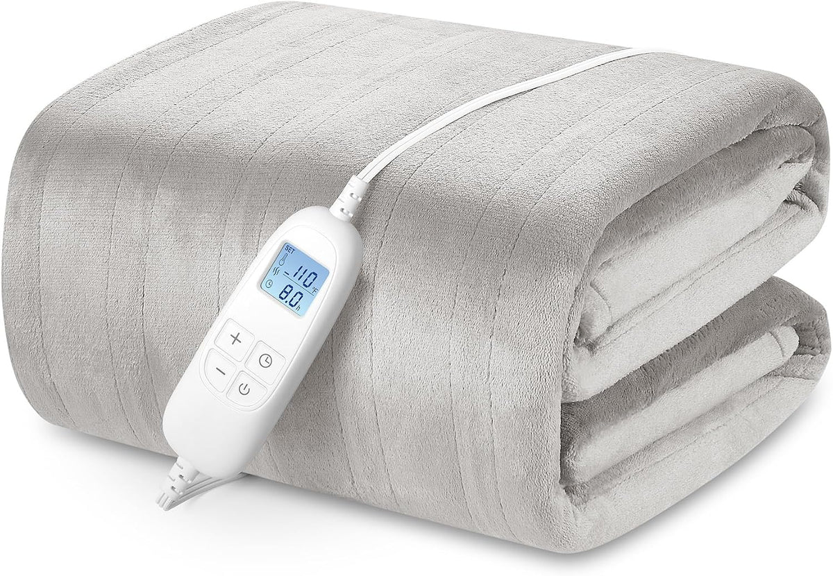 Manta eléctrica calefactable PROALLER tamaño Queen con 6 niveles y apagado automático de 8 horas, manta de franela ultrasuave para todo el cuerpo, lavable a máquina, gris cálido, 84" x 90".