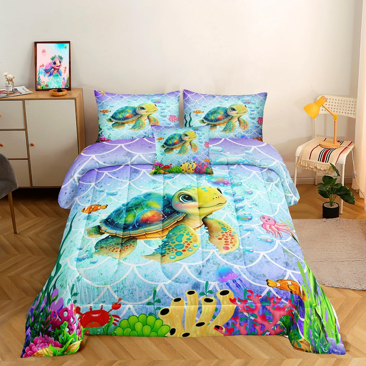 Juego de Edredón ROWADALO 6 Piezas Tortuga Marina Tamaño Full | Set de Cama Temática Océano Acuarela | Para Niñas y Habitación Infantil