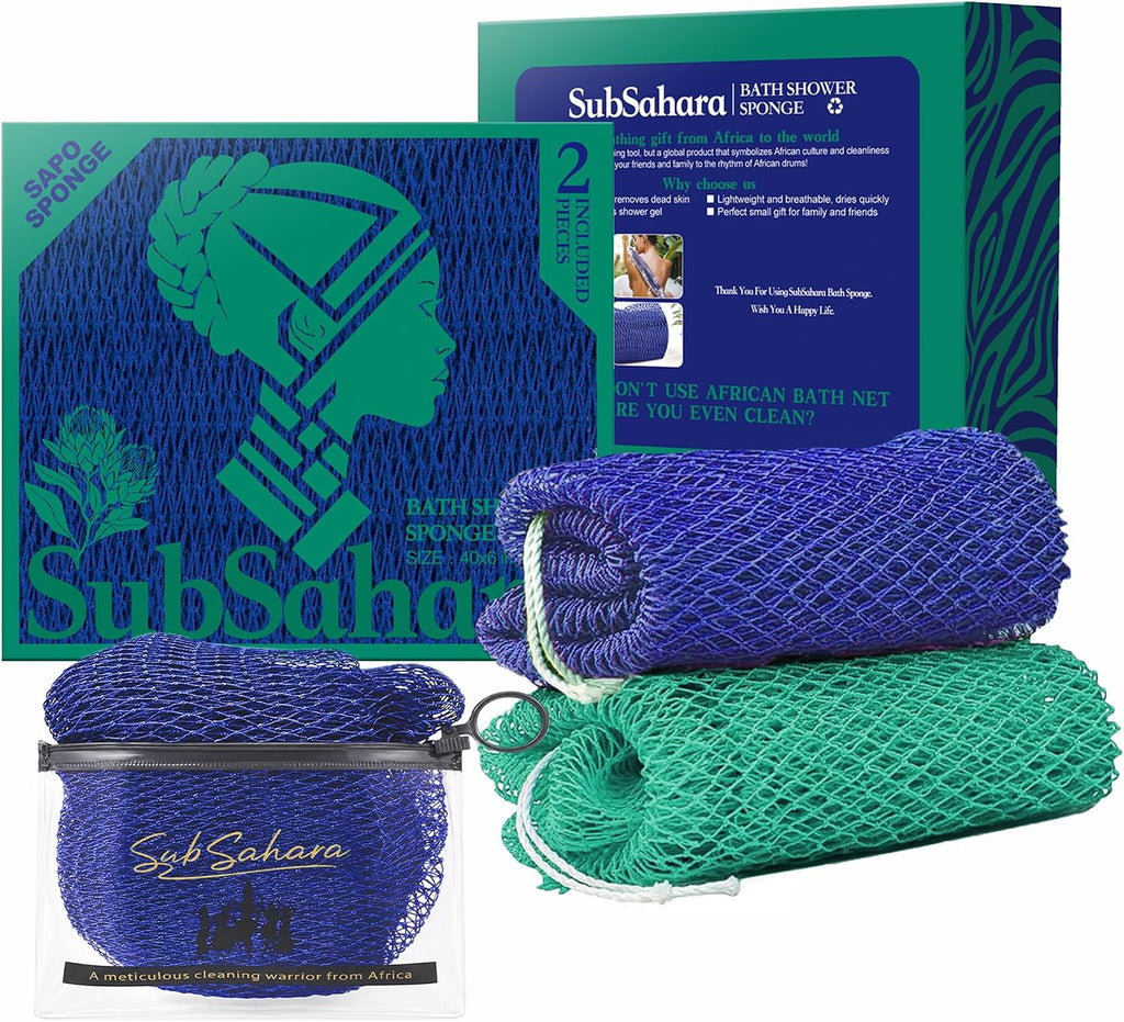 Esponja de red africana auténtica subsahariana - Paquete de 2 esponjas exfoliantes de lufa para baño y ducha, para cuerpo y rostro, exfoliante suave para todo tipo de piel, ideal para viajes, duradera (azul oscuro y verde bosque)