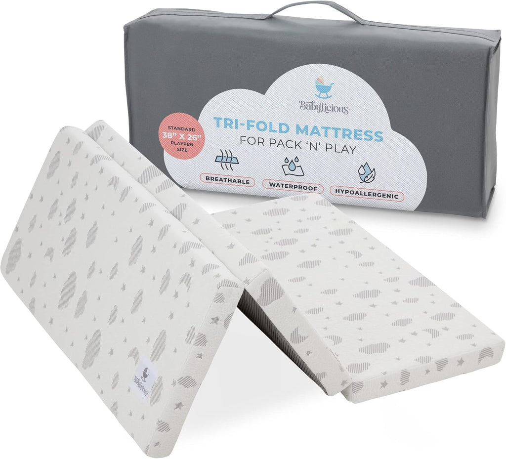 Babylicious Waterproof Pack and Play Mattress Topper | 38" x 26" x 1.5" | Trifold Style - Breathable Soft Plush Foam - Portable Mattress Topper- Baby Foam Mattresses for Babies