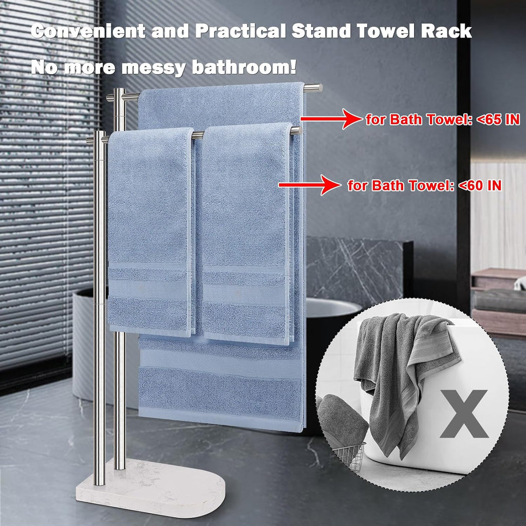 Toallero de pie, soporte de toalla de acero inoxidable 304 de 2 niveles con base de mármol, moderno y elegante toallero alto para toallas de ducha para accesorios de baño, piscina (níquel