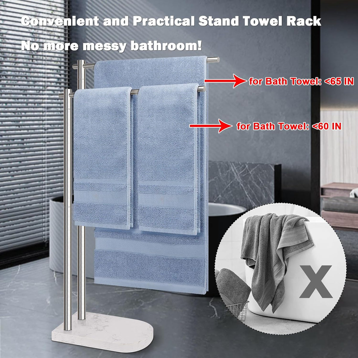 Toallero de pie, soporte de toalla de acero inoxidable 304 de 2 niveles con base de mármol, moderno y elegante toallero alto para toallas de ducha para accesorios de baño, piscina (níquel