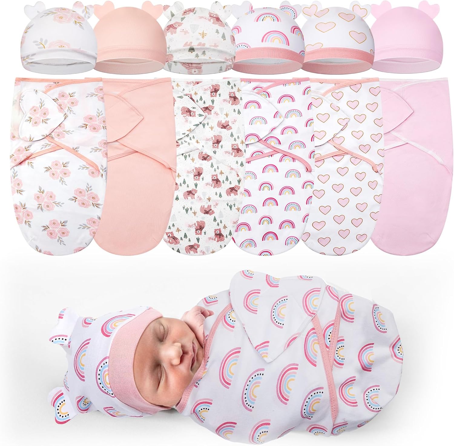 Ramede 6 Pack Preemie Swaddle Blanket with Hats Sleep Swaddle for Baby Boy Girl Preemie Newborn Sacks Soft Cotton Wearable(Heart,Pink)