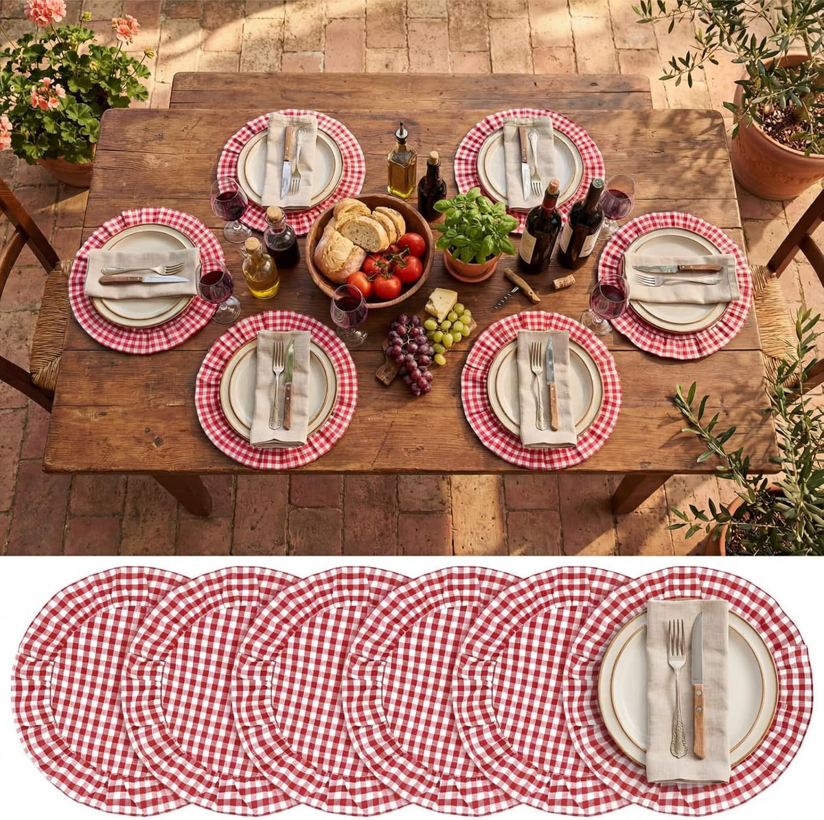 Juego de 6 manteles individuales Gandeer de cuadros rojos a cuadros, 43 x 43 cm, con volantes, lavables, estilo vintage, ideales para la mesa de la cocina, la cena o la decoración de fiestas.