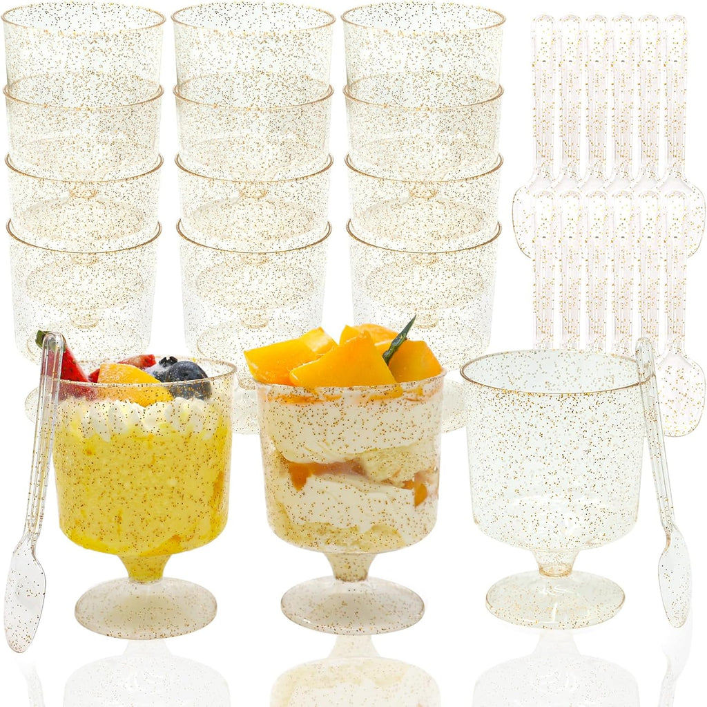 Vintrol Paquete de 120 vasos de plástico para postres con cucharas Paquete de 60 vasos transparentes para parfait de yogur con purpurina dorada para fiestas Vaso redondo desechable para helado, pudín y fruta