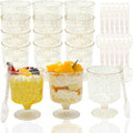 Vintrol Paquete de 120 vasos de plástico para postres con cucharas Paquete de 60 vasos transparentes para parfait de yogur con purpurina dorada para fiestas Vaso redondo desechable para helado, pudín y fruta