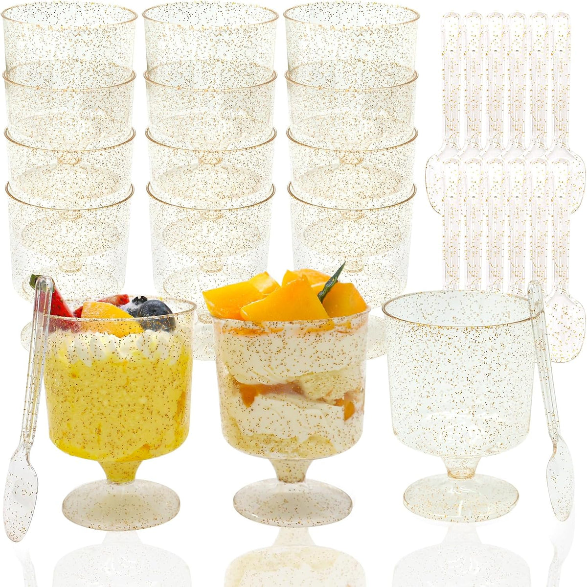 Vintrol Paquete de 120 vasos de plástico para postres con cucharas Paquete de 60 vasos transparentes para parfait de yogur con purpurina dorada para fiestas Vaso redondo desechable para helado, pudín y fruta