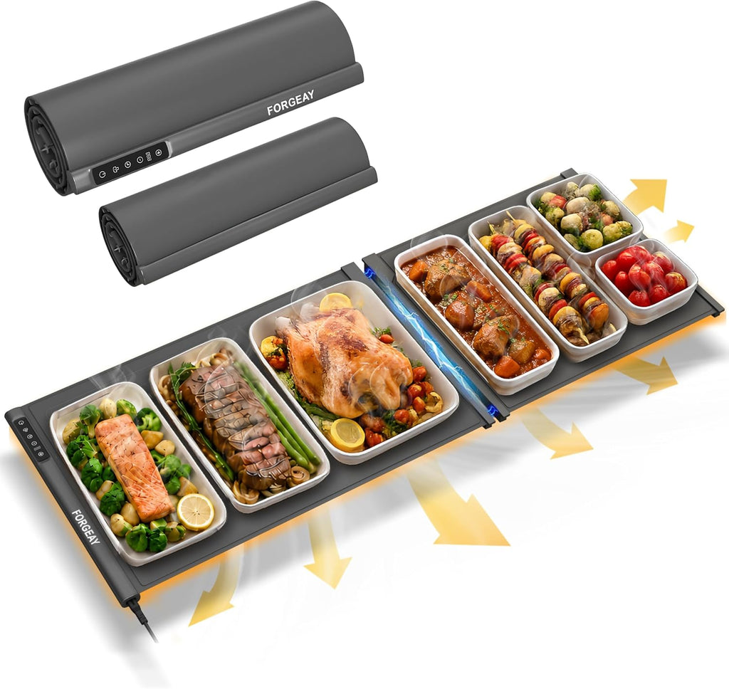 Bandeja Calentadora de Comida XXL 107x41cm | 2 Piezas Extensible | Eléctrica para Buffets y Fiestas | Tapete de Silicona Enrollable con 8 Niveles de Temperatura