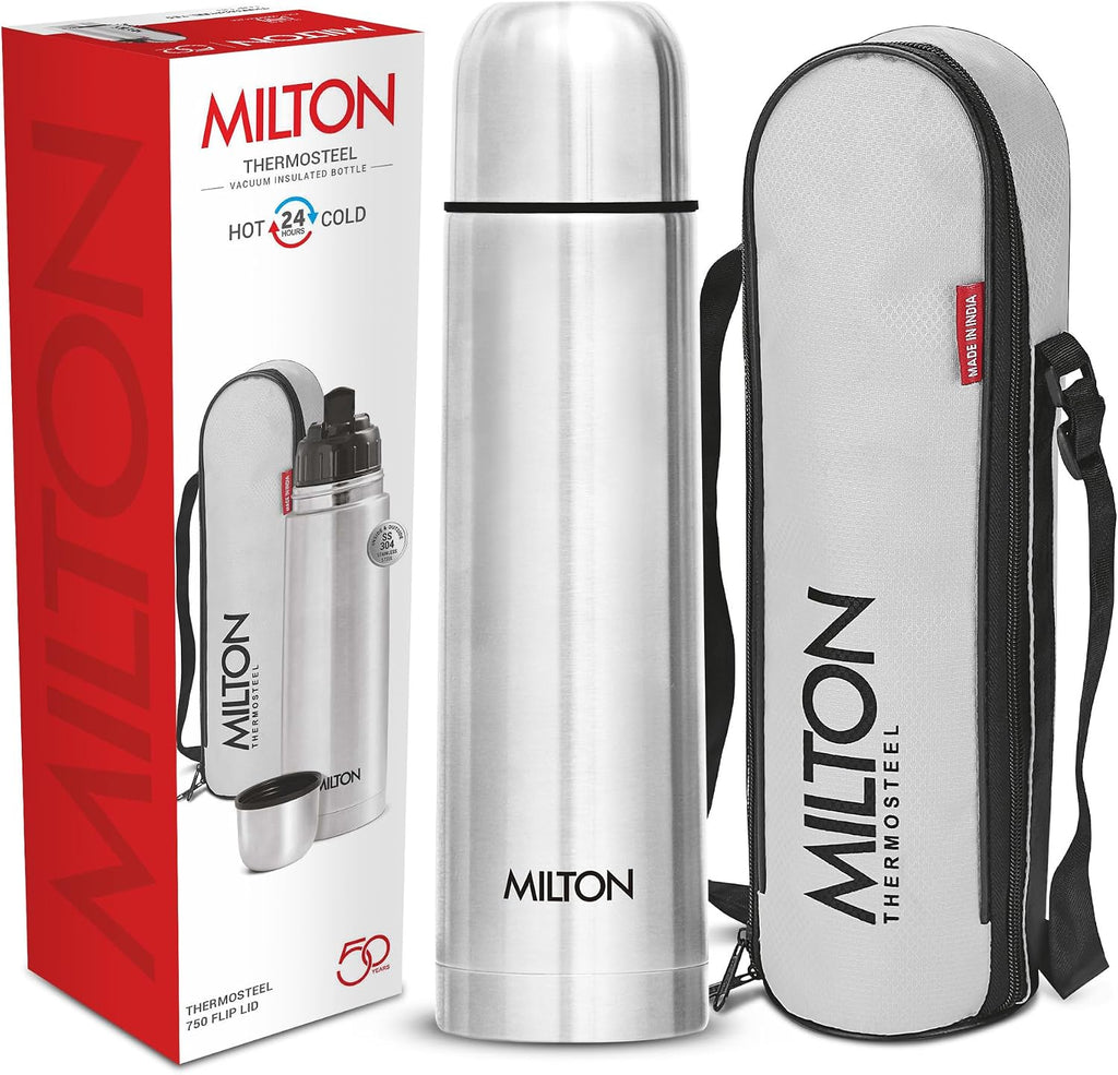 Milton Thermosteel Flip Lid 750 Botella Térmica Aislada al Vacío Doble Pared 750 ml Acero Inoxidable Libre de BPA Impermeable Plateado