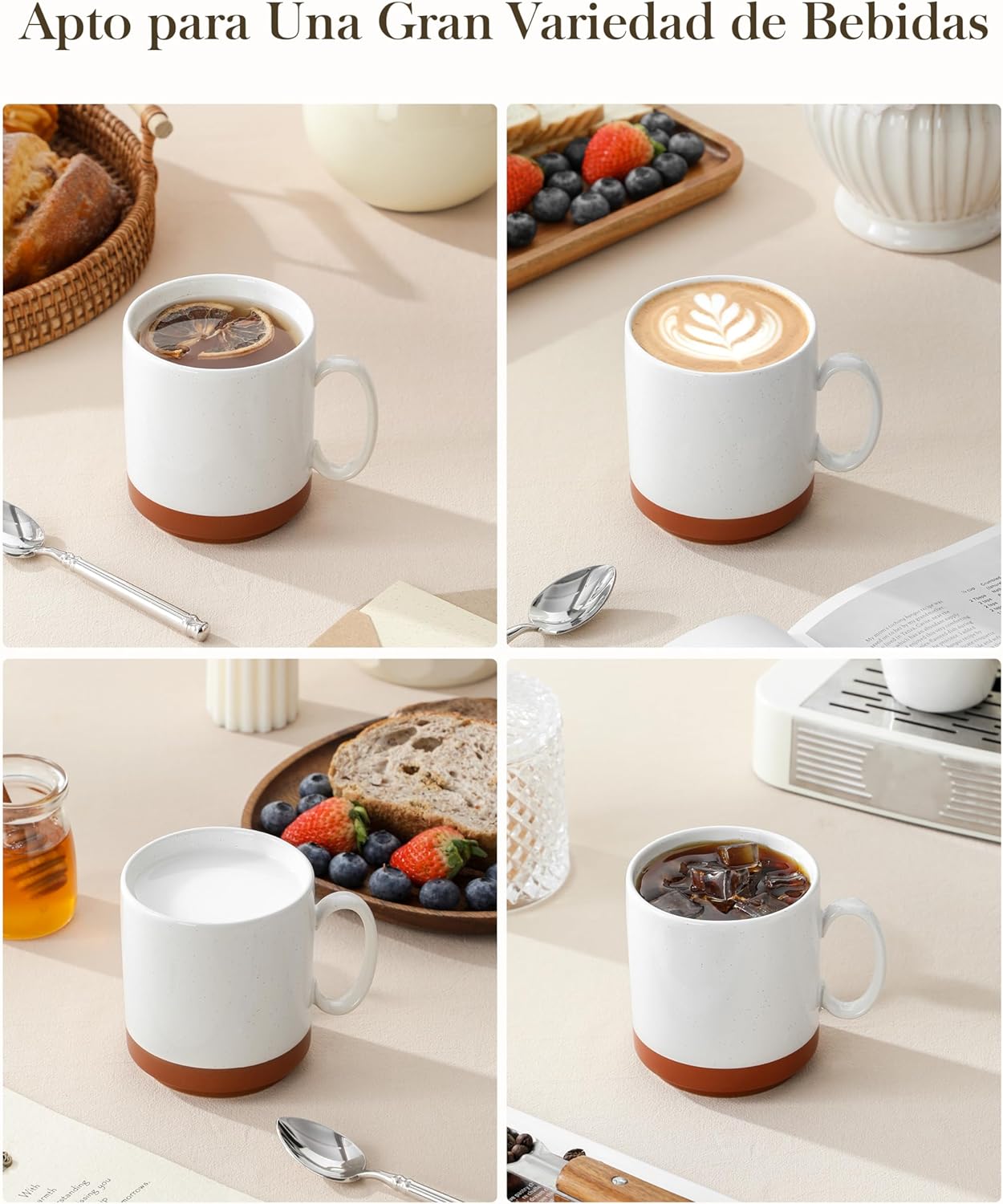 MALACASA Juego de 3 Tazas de Cafe Grandes de Gres, 350ml Tazas Desayuno Grande, Tazas de Te con Asa para café con leche Apto para Té, Zumos, Café con Leche y Capuchino - Blanco Caqui