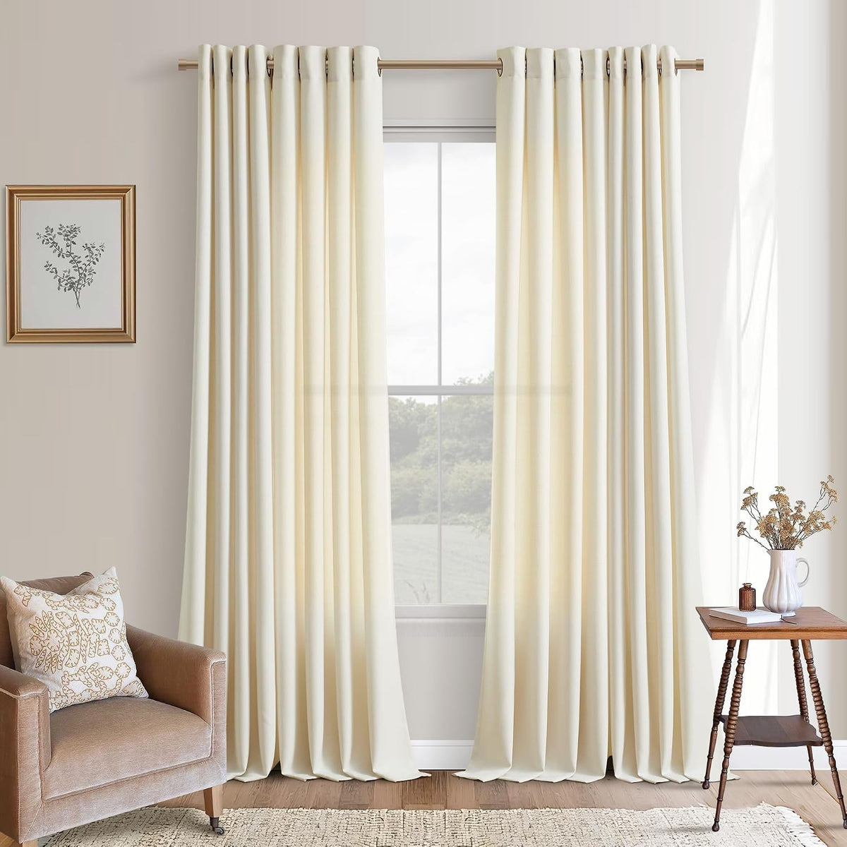 Cortinas extralargas de lino beige de 120 pulgadas de largo para sala de estar, juego de 2 paneles, ojales de anillo bronce, cortinas estilo boho rústico de granja, cortinas semitransparentes de lino sintético texturizado para ventana grande de 10 pies
