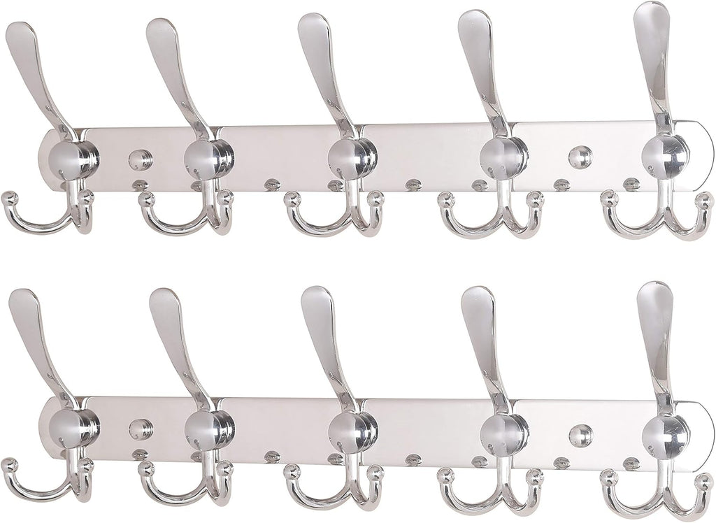 Dseap Wall Mounted Coat Rack - 5 Tri Hooks, Heavy Duty, Stainless Steel, Metal Coat Hook Rail for Coat Hat Towel Purse Robes Mudroom Bathroom Entryway (Chromed, 2 Packs)