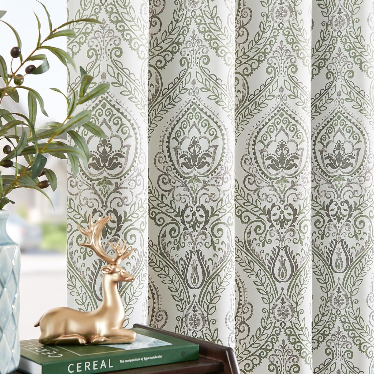 jinchan Cortinas opacas, cortinas de ventana de medallón de damasco verde salvia para dormitorio, con ojales, cortinas con aislamiento térmico para sala de estar