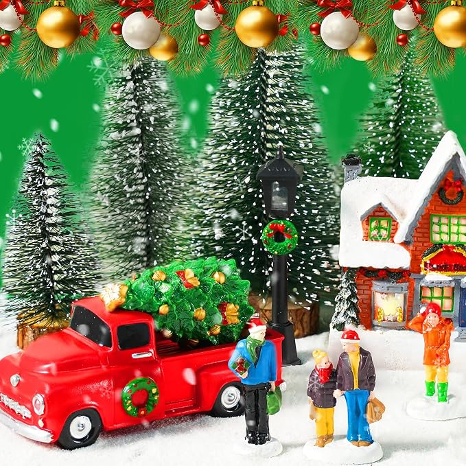 Rileryan Christmas Village - Figuritas de decoración de camión rojo clásico para mini accesorios de la ciudad de la aldea de Navidad, piezas de coches, vehículos, juegos de decoraciones para el hogar