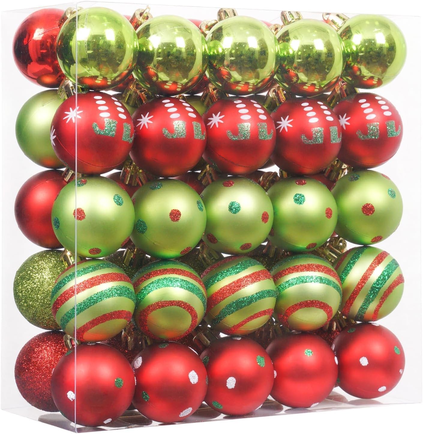 XmasExp - Juego de 50 bolas navideñas irrompibles para árbol, rojas y verdes, de plástico de 1,57 pulgadas, para decoración de fiestas navideñas. 