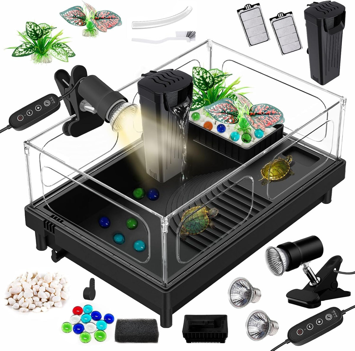 Kit Terrario para Tortugas GOZILLA – Acrílico con Lámpara y Filtro, Negro