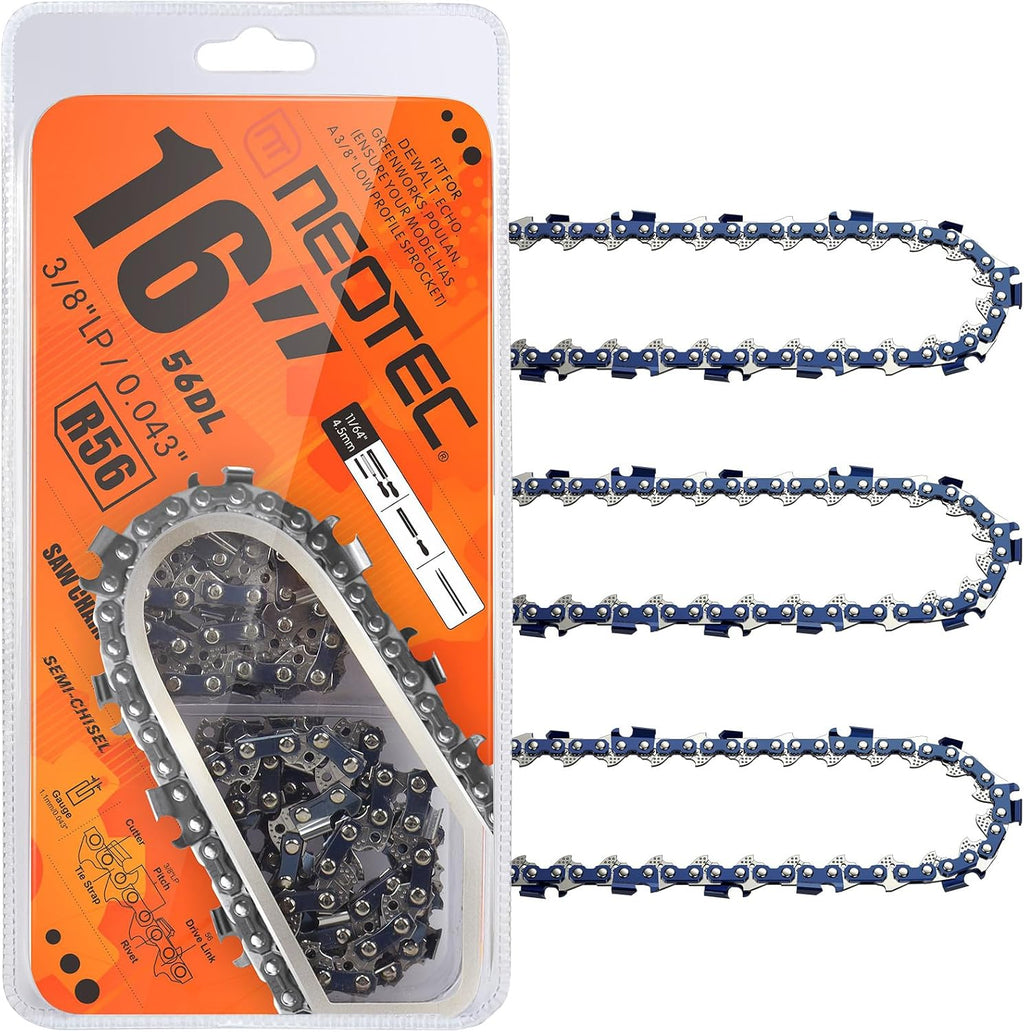 Cadena para motosierra NEO-TEC de 16 pulgadas, paso LP de 3/8", calibre 0.043", 56 eslabones de transmisión, cadena R56, compatible con Milwaukee M18, Dewalt y más.