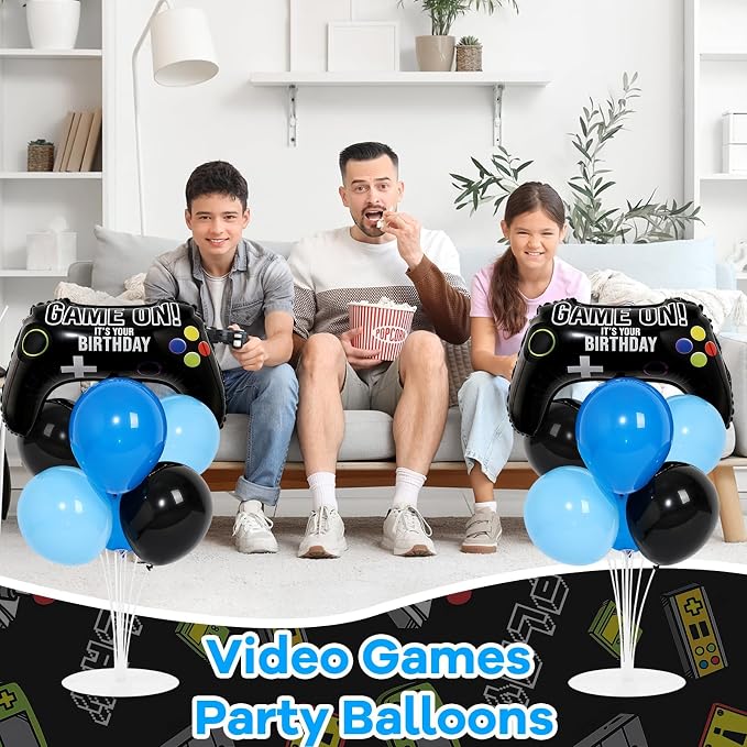 Kit de 4 Soportes con Globos Foil para Fiesta de Videojuegos – Diseño Mando de Juego, Negro y Azul | Centerpiece para Cumpleaños Gamer, Niño y Niña