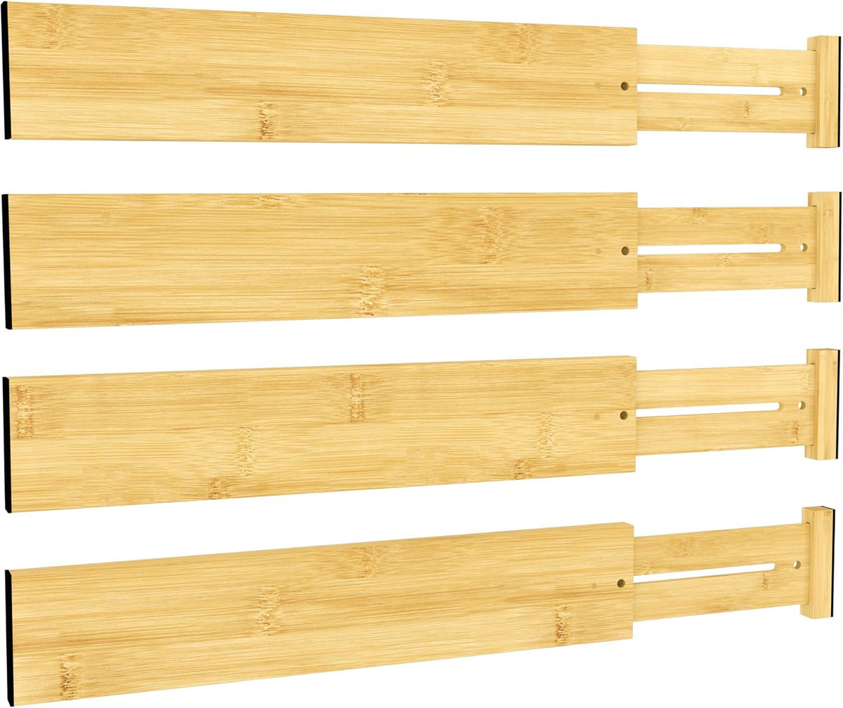 Divisores de Cajón de Bambú Expandibles BAMEOS Set de 4 – Para Cajones de 16.65" a 22", Paredes de 3 Pulgadas