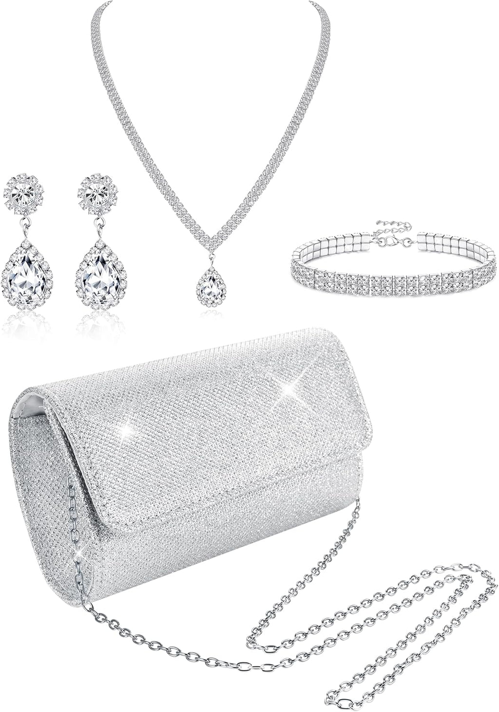 Subiceto Set de Joyeria Plateada con Cartera de Mano para Mujer | Collar, Aretes y Pulseras de Cristal Rhinestone para Novia y Bodas