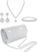 Subiceto Set de Joyeria Plateada con Cartera de Mano para Mujer | Collar, Aretes y Pulseras de Cristal Rhinestone para Novia y Bodas