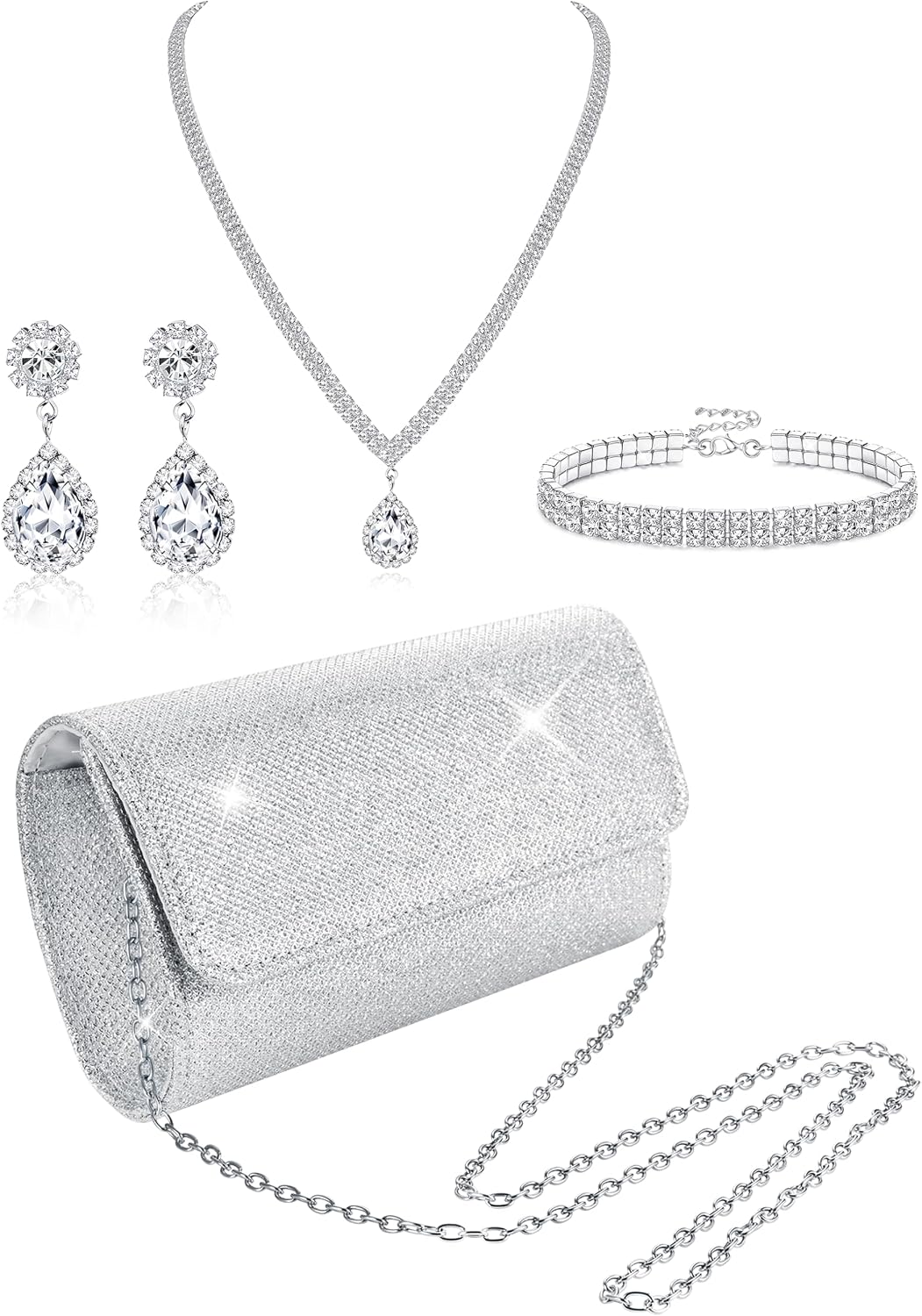 Subiceto Set de Joyeria Plateada con Cartera de Mano para Mujer | Collar, Aretes y Pulseras de Cristal Rhinestone para Novia y Bodas