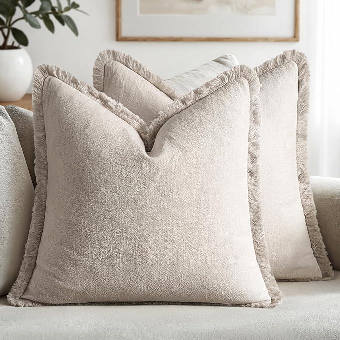MIULEE Fundas de almohada decorativas con flecos de lino, color beige